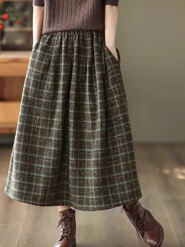 

High Waist Midi Plaid Woolen Skirt Women's Faion Spring Autumn Slimming A-Line Skirt Literary Sle Casual Other Materials