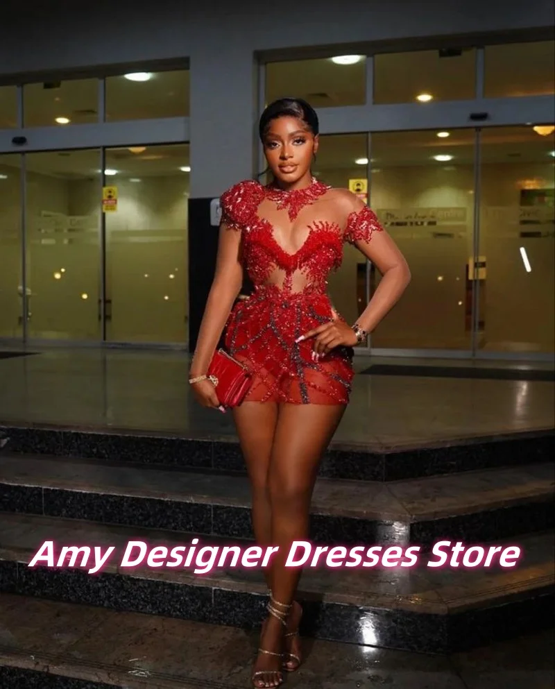 Sexy vermelho ver através de mini vestidos de baile meninas africanas frisado applique alta pescoço vestido de festa de aniversário vestidos de cocktail personalizado