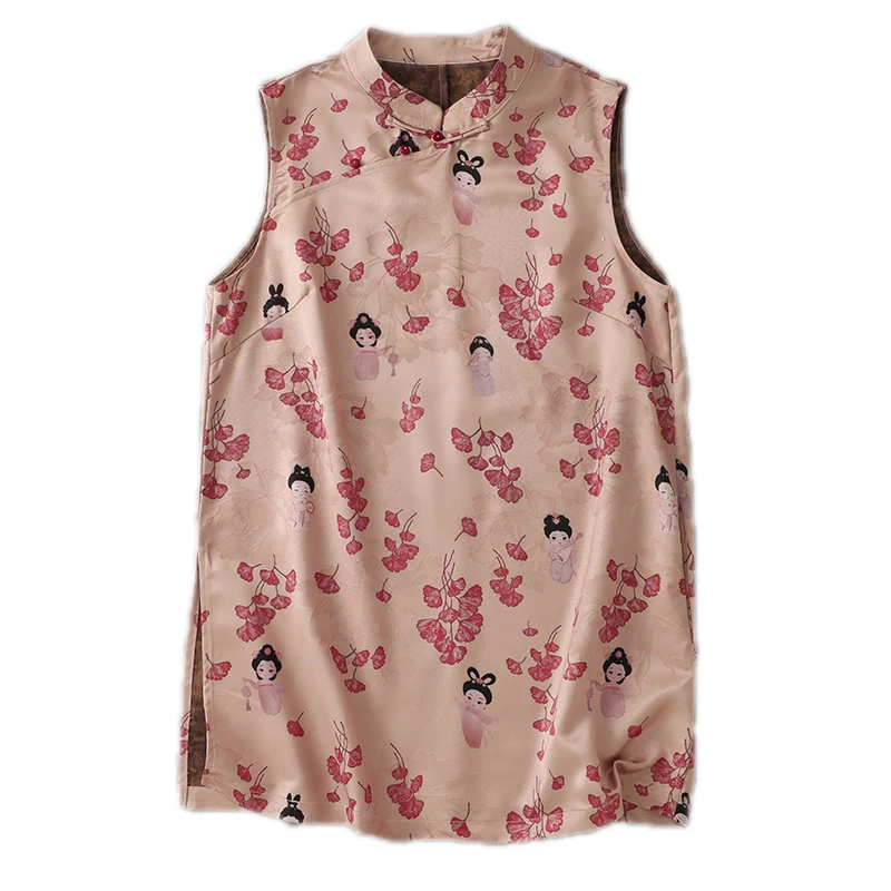 Colete Sem Mangas com Gola Alta e Botões, Estilo Zen Suave, Novo Estilo Chinês, Moda Fena para o Verão