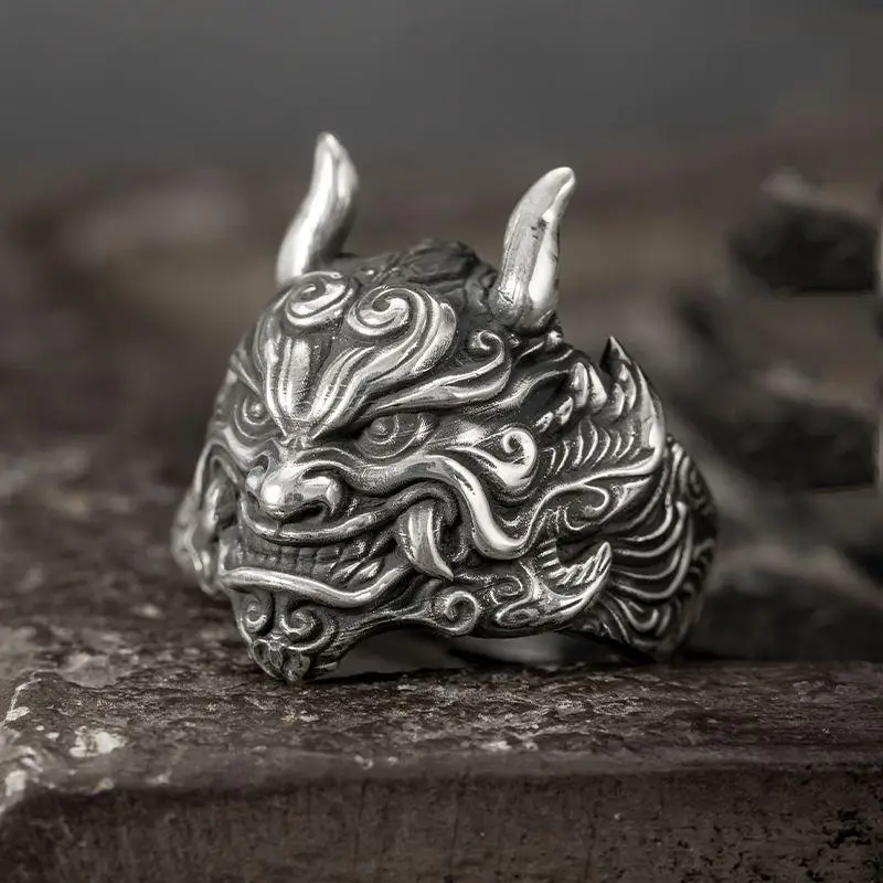 Vintage Chinese Style Kylin Dragon Rings for Men Women Domineering Personality Jewelry Gift Hip Hop Rock Ring Adjustable