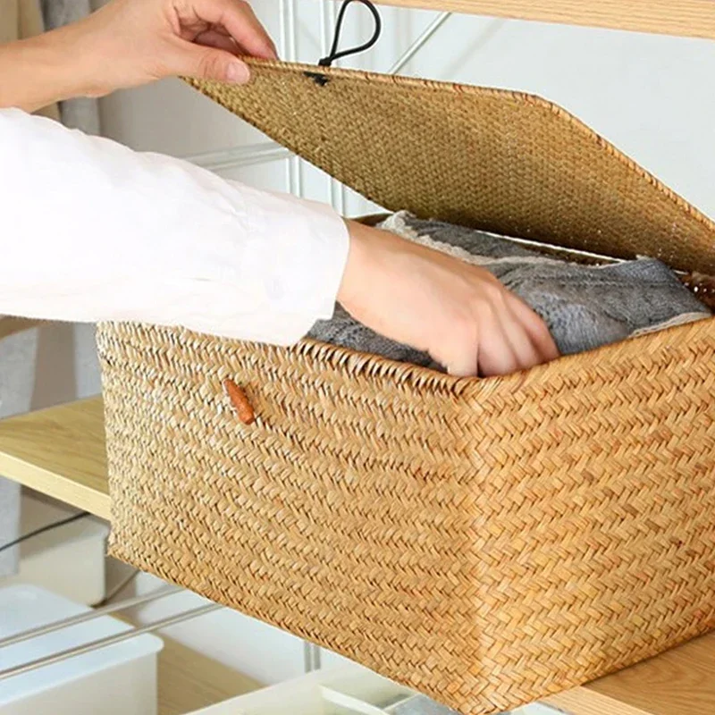 Cestini portaoggetti in alghe naturali scatola portaoggetti tessuta a mano con coperchio Organizer rettangolare per decorazioni per la casa da tavolo