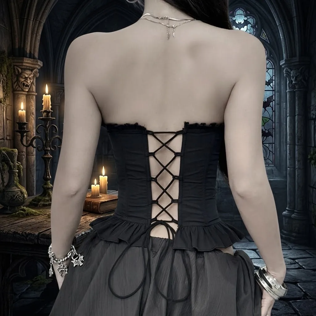 [You're My Secret] Halloween Gothic Sexy Strapless Corset Vest Dark Punk Lace-up Back Bustier Top Y2k Balck Night Out Dress Up