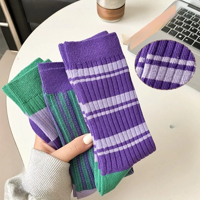 1 Pair of Women's Mid Length Autumn Spring New Striped Trendy Socks Simple Comfortable Casual Versatile Odor Resistant Socks