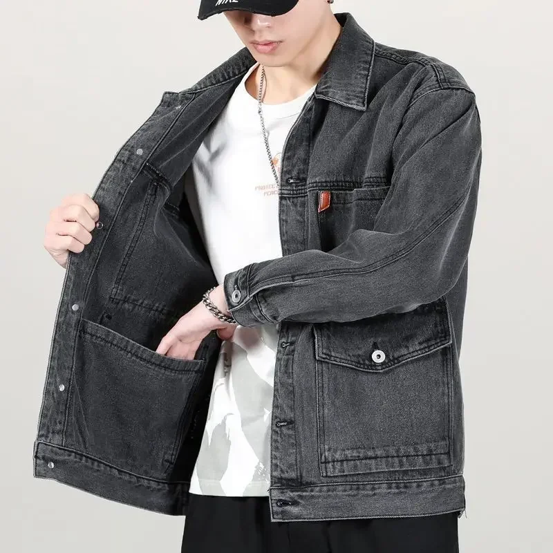 

Men's Denim Jacket Japanese Cargo Male Jean Coats Gray One Piece Worn Fast Delvery Original New in Washed High Quality Branded G