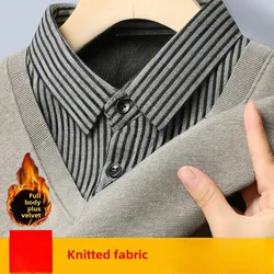 Vintage Stripe Sweater Pullover Men Thick Warm Knitwear Polo Shirt Collar Fleece Top Clothing Patchwork Casual Plush Top Jumpers