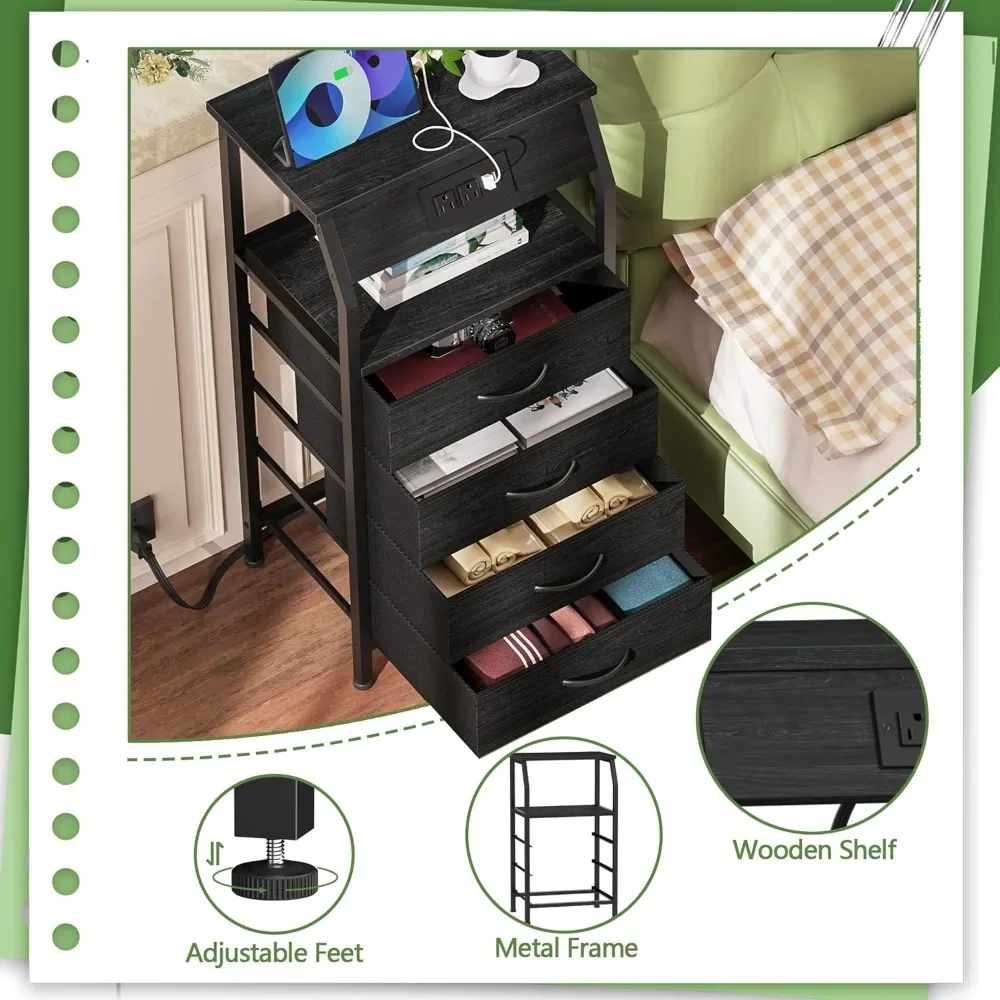 High bedside table with charging station, 4-drawer dresser with storage shelves, wardrobe cloth end table, bedside furniture