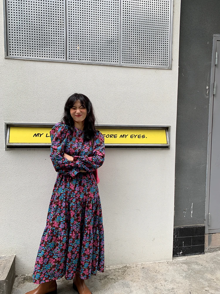 Floral Print Long Sve Dr Bubble Sve Design Waist Cinching Autumn Winter New Arrival Women's Faion Retro round Ne...