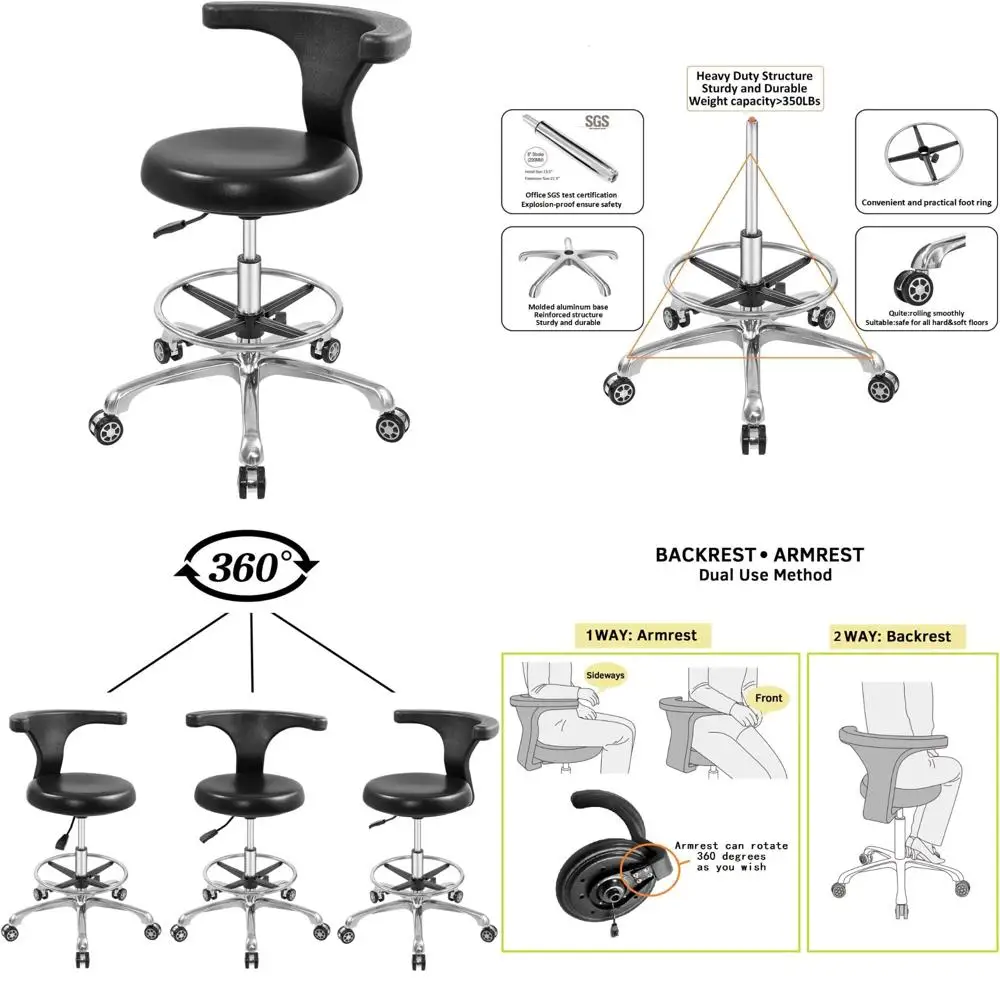 

Adjustable Rolling Stool with Backrest for Heavy-Duty Use in Offices, Kitchens, Medical Facilities, Dental Clinics, and Labs