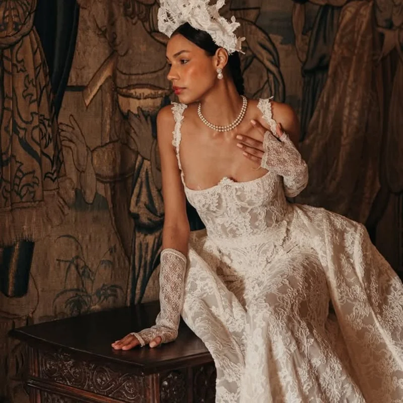 Shiny ivory white Wedding Dresses off-shoulder fishtail Lace decal fishtail Gowns Made wedding dress Customized