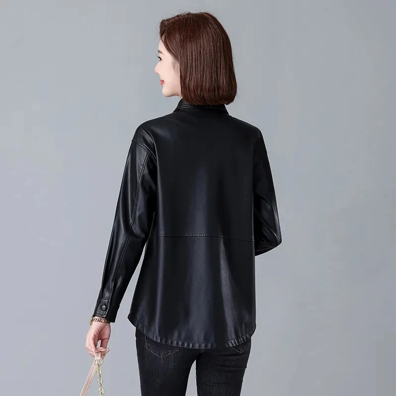 High-quality Women Leather Jacket Spring Autumn New Fashion Mid-Long Leather Coat Middle Aged Mother Casual Faux Leather Outwear