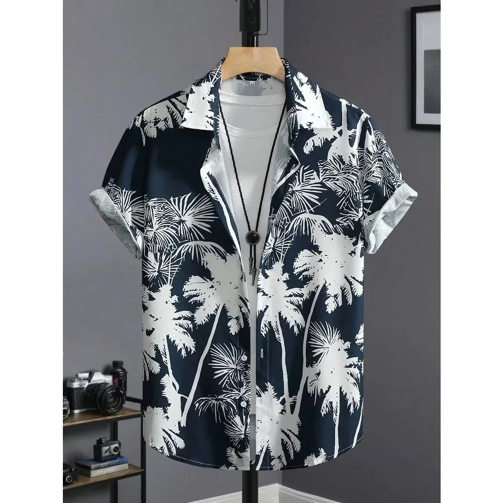 

2026 Summer New Style Men's Short-Sleeved Shirt with 3D Coconut Tree Pattern Print - Street Casual Fashion Comfortable and Soft