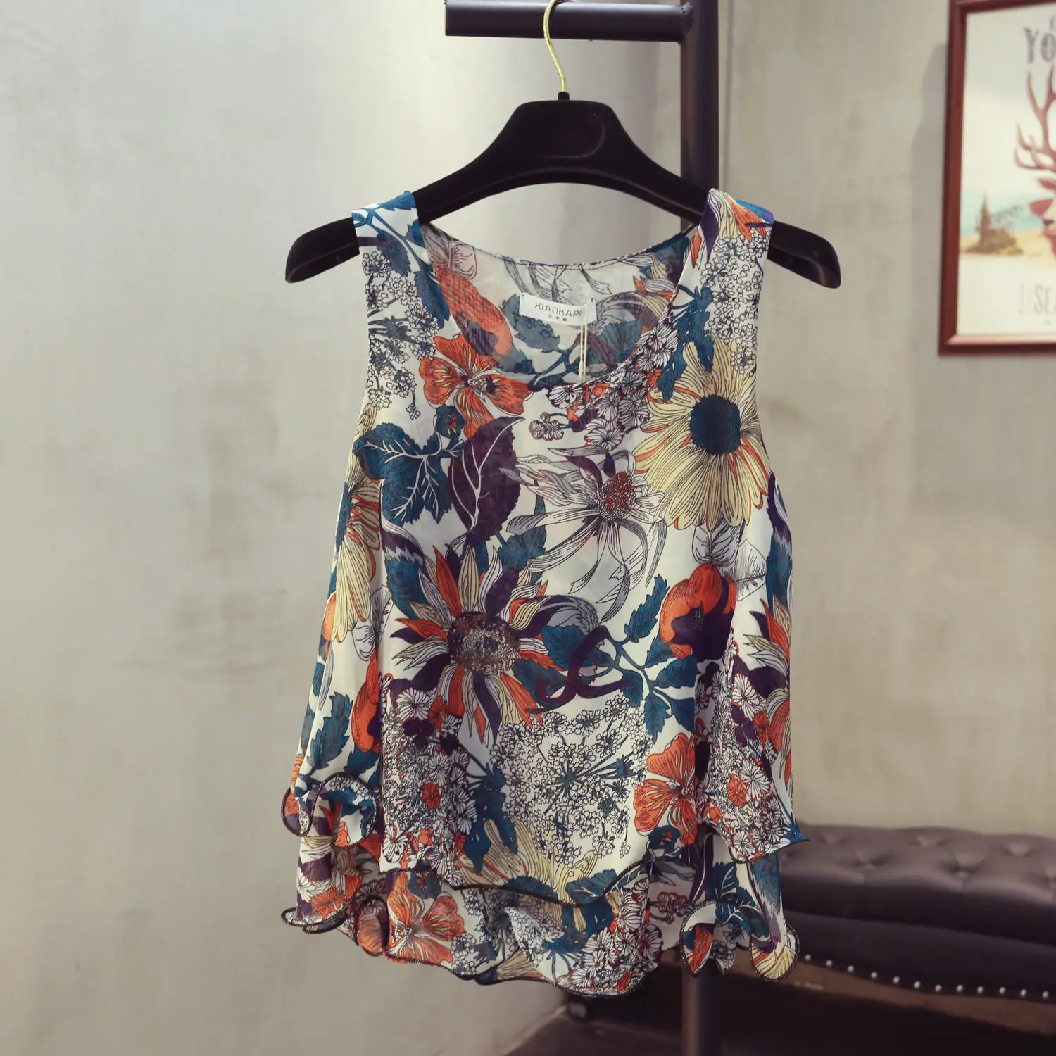 Korean Style Floral Printed Blouse Shirts Summer Sleeveless Ruffle Women Chiffon Shirts