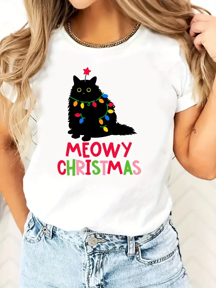 

Women Holiday Meow Christmas TShirt Casual Oversized Crew Neck Short Sleeve Cartoon Print Shirt Cotton Top Harajuku-Style Blouse