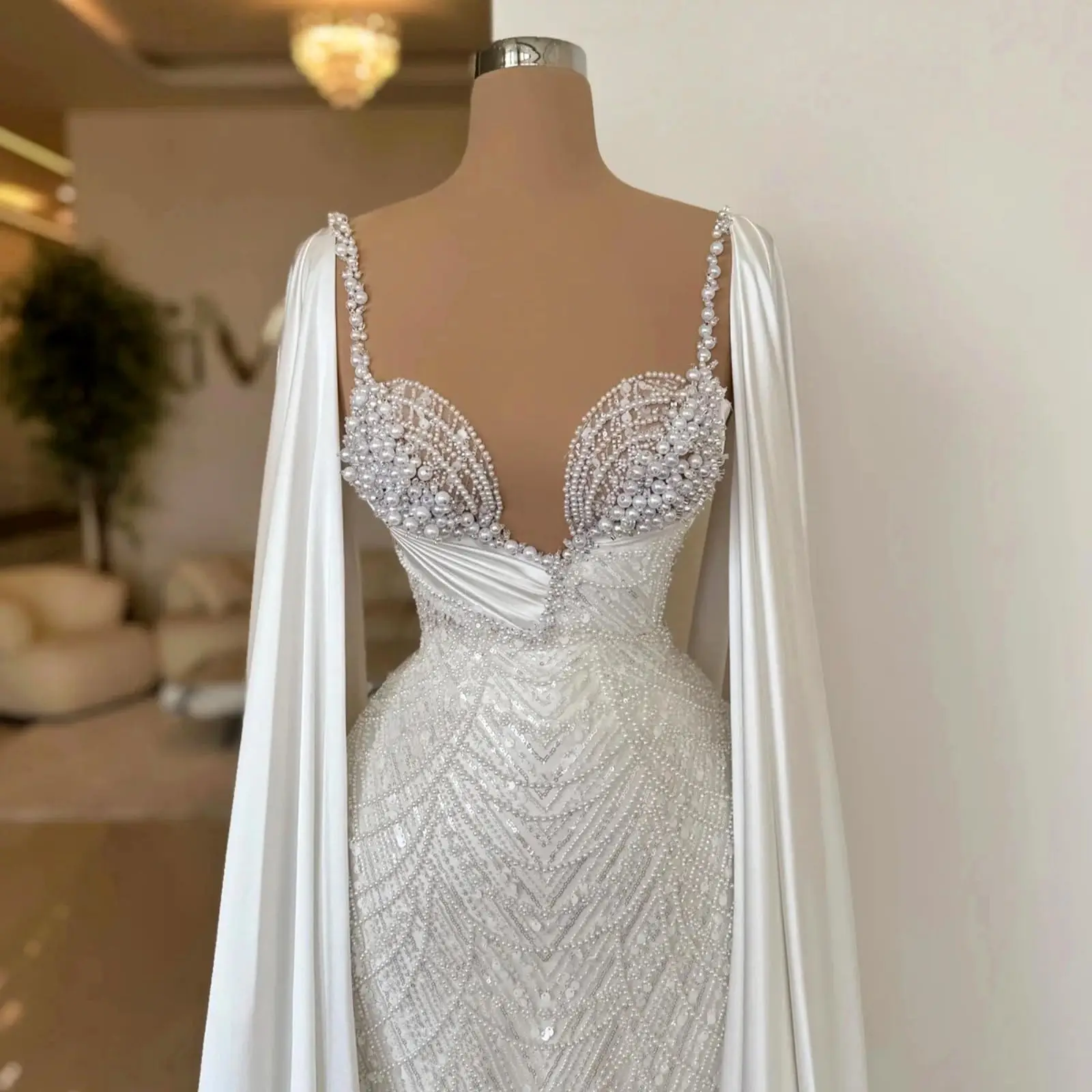 Perlen-Neckholder-Abendkleid, Meerjungfrau-Kleid mit Schal, Pailletten, langes Ballkleid, Hochzeitsbankett, elegante Abendkleider