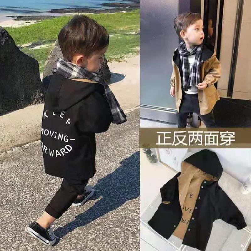 

Spring Autumn Boys Hooded Jacket Letters Fashion Handsome Children's Windbreaker Coat Baby Long Sleeves Double-faced Outerwear
