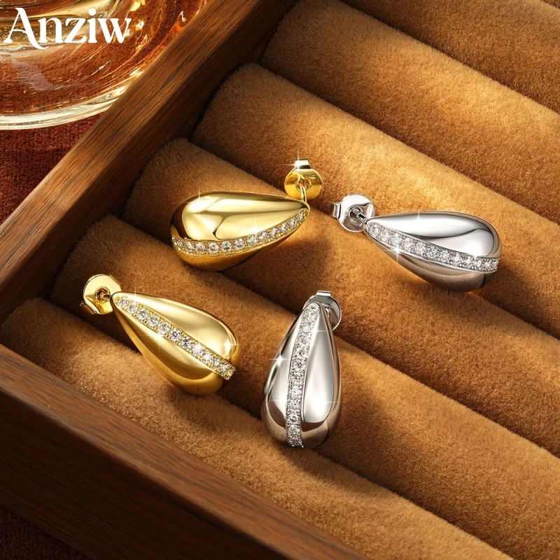 Anziw Fashion 1.5mm Round Moissanite Modern Teardrop-Shaped Stud Earrings for Women Party 14k Gold Filled Jewelry Gift Certified