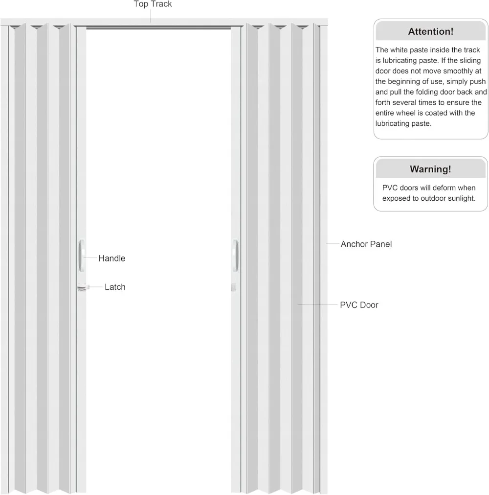 باب خزانة ثنائي الطي من مادة PVC بيضاء مقاس 60 × 80 بوصة مع أجهزة، سهل التركيب، بدون مسار أرضي