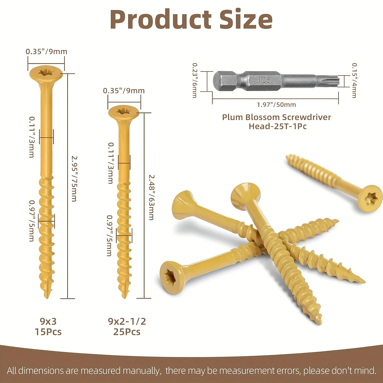 150 pieces, wood screws in two sizes: #9 x 2-1/2 and #9 x 3, star-drive external coarse-thread screws, rust-resistant, includes