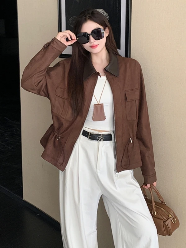 Cé Brown Biker Jaet Abbigliamento da lavoro da donna Cappotto in pelle Capispalla Cool Giacca a vento sexy Vestibilità ampia Pendolarismo Sle ort Lunghezza Zi...