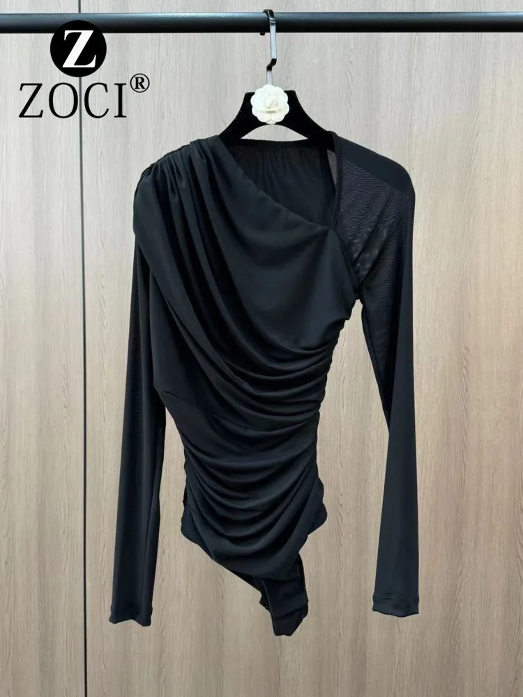 [ZOCI] Yuzu MM 2024 New Irregular Collar Long Sleeve Shoulder Cushion Pinch Wrinkle Fold Waist Show Skinny Sexy jumpsuit