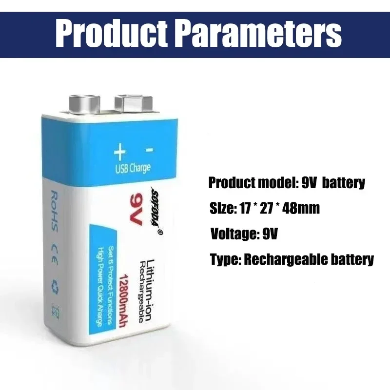 New 9V Rechargeable Battery 12800mAh 6F22 Micro USB 9v Li-ion Lithium Batteries for Multimeter Microphone Toy Remote Control KTV