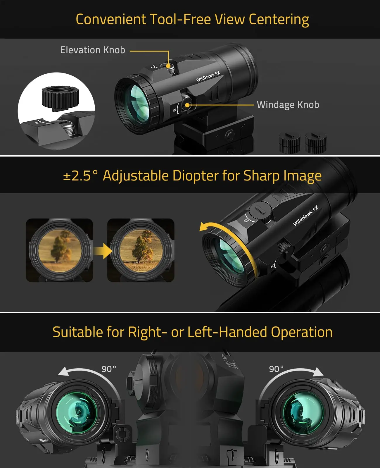 CVLIFE WildHawk 5X Red Dot Magnifier with Flip-to-Side Mount  for 21mm Picatinny Optic Reflex Absolute Lower 1/3 Co-Witness
