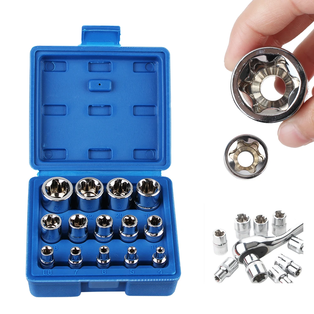 

Auto Repair Tools E4-E24 Star Socket Set Female E Torx Socket Set 14-Pieces Wrench Head External Torx Socket Set with a Case