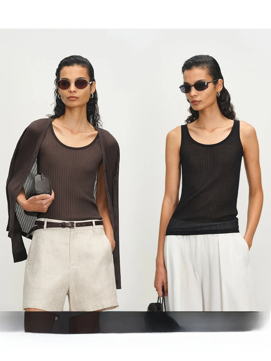 

MSBEAST Triacetate Lyocell Knitted Vest V-Neck Open Cardigan Transparent Hollow out Texture Layering Style Women's Fashion