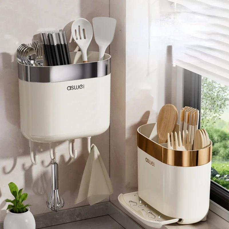 

Plastic Wall-mounted Chopstick Holder Large Capacity Drying Chopstick Spoon Storage Holder Detachable with Hook