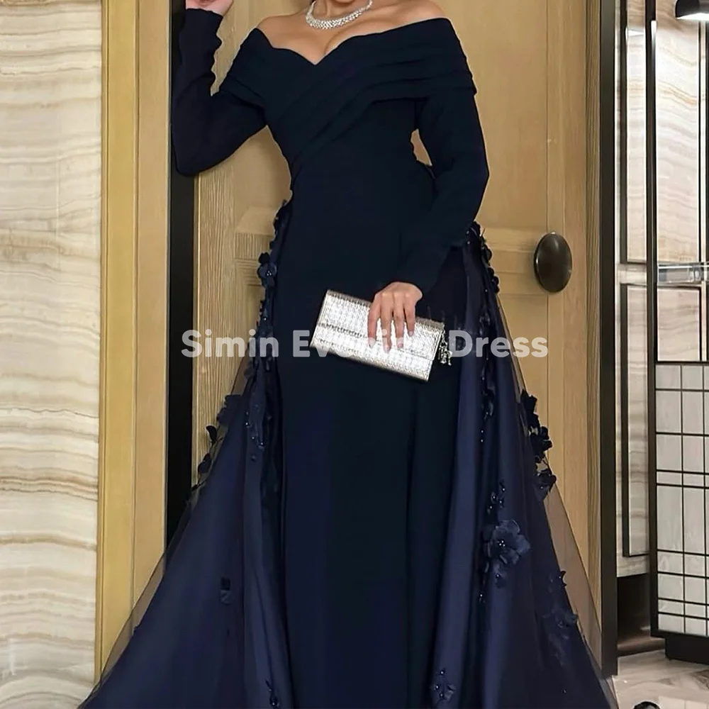 

Simin Women's Crepe Off-the-shoulder Beaded Floor-Length Evening Dresses With Long Sleeves 3D Flowers Peplum Elegant Dress 2025