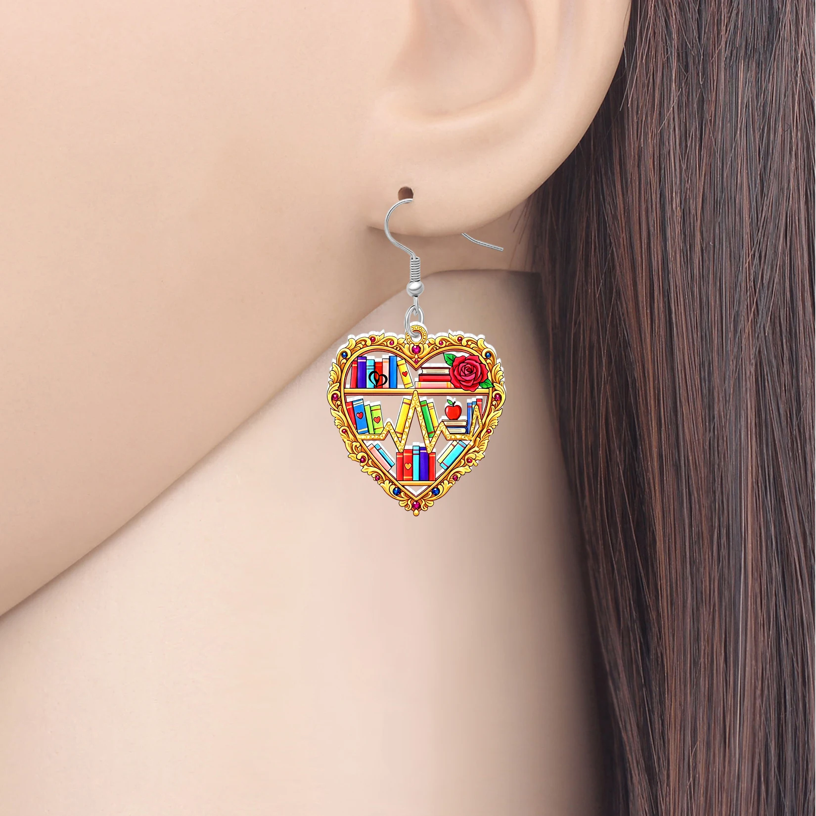BONSNY Acrylic Golden Heart Bookshelf Earrings Dainty Rose Books Dangle Statement Jewelry Bookish Gifts For Women Book Lovers