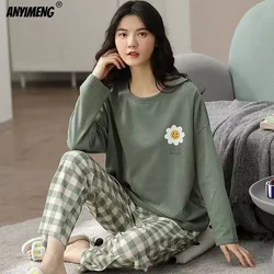 M-5XL Conjunto de Pijamas de otoño y primavera de talla grande para mujer, ropa de dormir con estampado Kawaii para niña, Pijamas de mujer de manga larga con cuello redondo a la moda