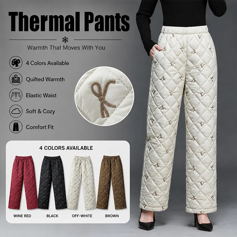 2026 Bow Embroidery Down Cotton-padded Winter Pants Women's Warm Straight Trousers Elastic Waisted Quilted Plaid Warm Trousers