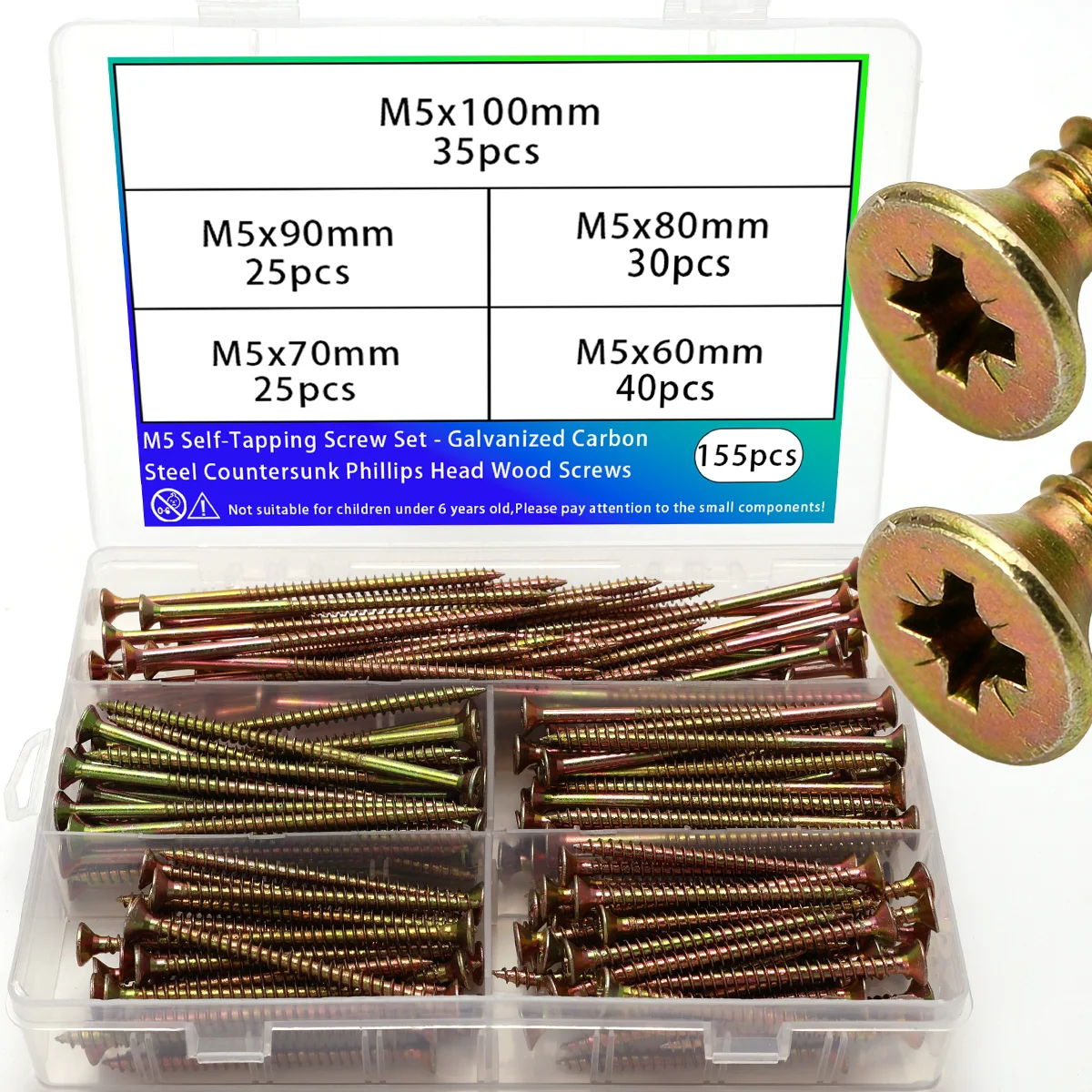 

Саморезы по дереву M5, 155 шт., саморезы с потайной головкой Phillips, самонарезающие винты, 60-100 мм, усиленные саморезы M5.