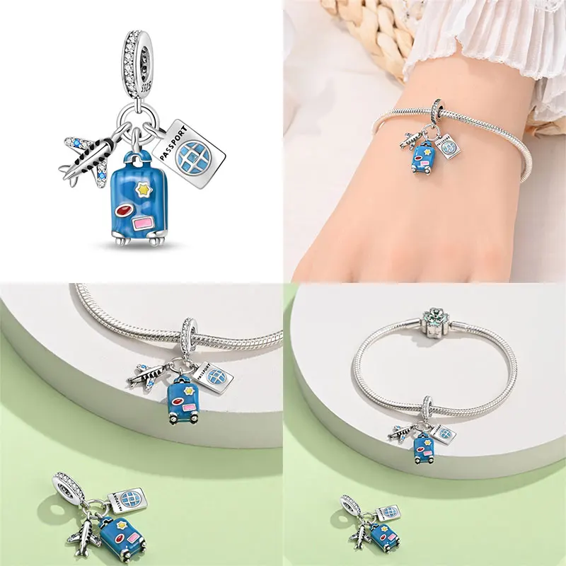 Hot Sale Luggage Airplane Passport Three-piece Set 925 Silver Charms Fit 925 Original Bracelet Jewelry Making For Women Gift