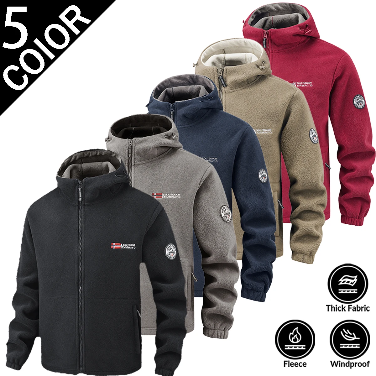 2026 Winter Men Polar Fleece Hooded Jacket Full Zip Warm Outdoor Casual Coat With Embroidery Logo