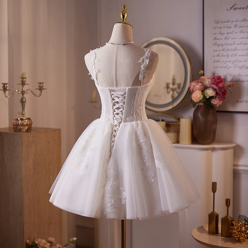 AnXin SH prinses witte bloem kant spaghettibandje mouwloos kralen parels korte op maat gemaakte avondjurk kleine witte jurk