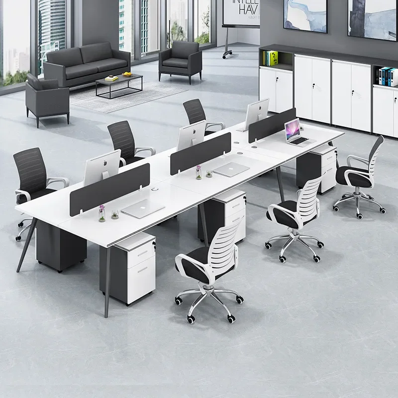 Employee desks for 2 people and 4 people, screen partitions, card spaces, employee computers, office desks and chairs, modern