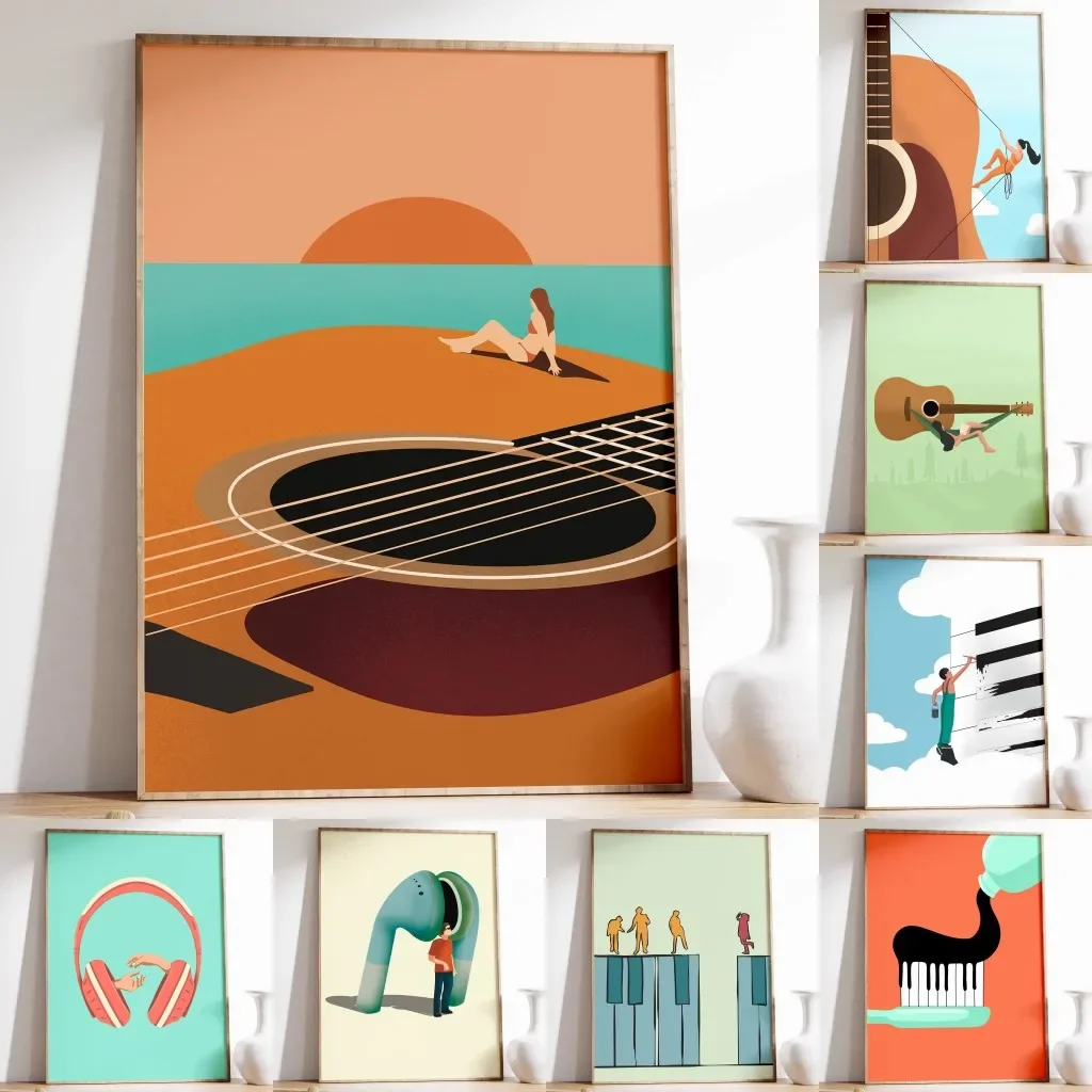 1PCS frameless Vintage Music Art Funny Abstract Instrumental Canvas Painting Huge Guitar Piano Keys Poster Headphone Prints Home