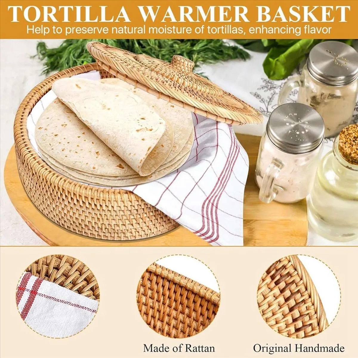 A24I Round Rattan Boxes with Lid Hand-Woven Multi-Purpose Wicker Tray 10.2Inch Picnic Food Bread Table Storage Basket