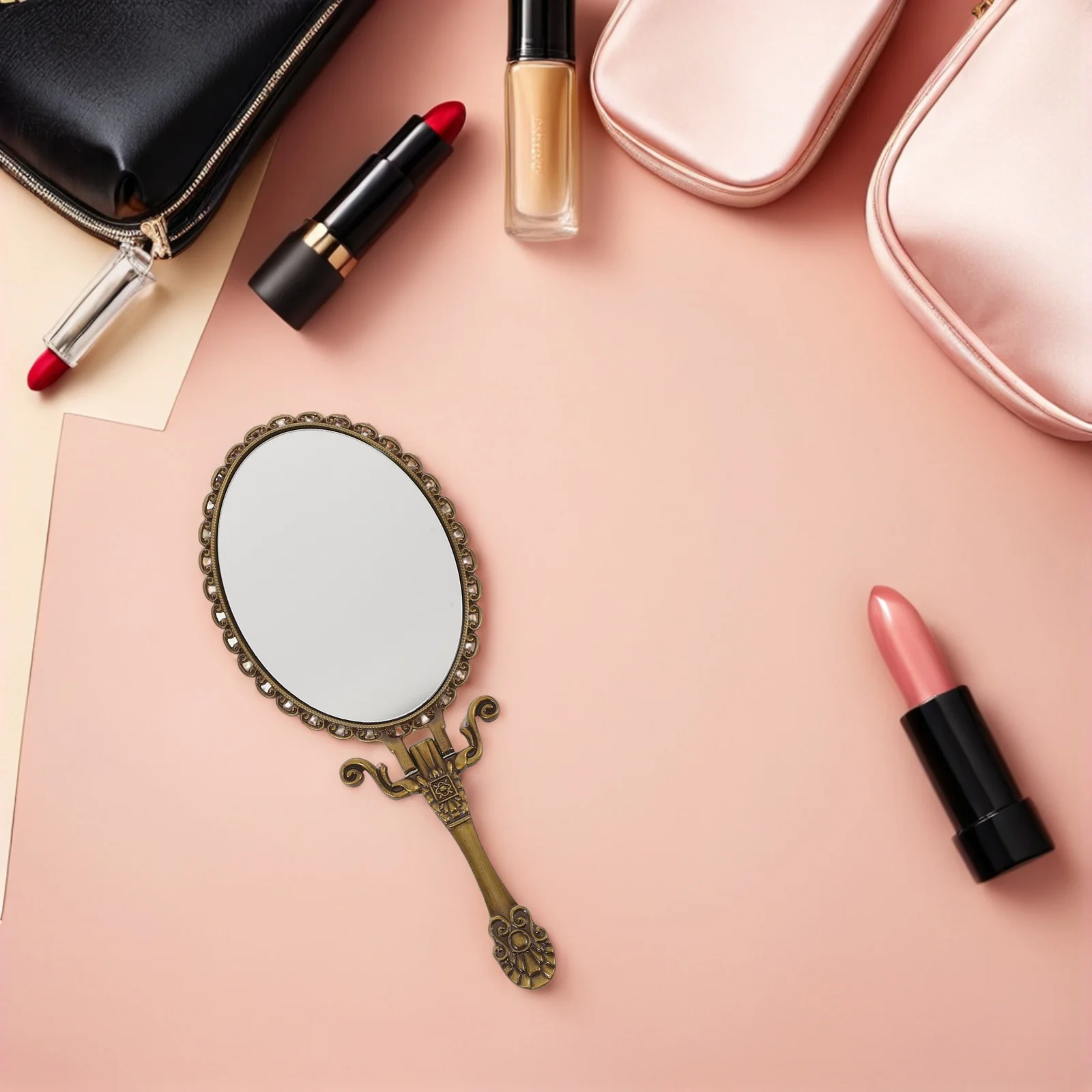 

2Pcs Portable Vintage Mirror: Foldable Handheld Makeup Mirror with Handle for Travel and Desktop Use Hand Mirror