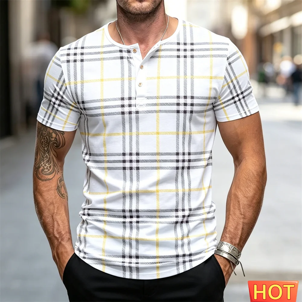 Men's Henry T-shirt Summer fashion Striped Men's button up T-shirt breathable Sports Henry shirt Men's clothing Casual men shirt