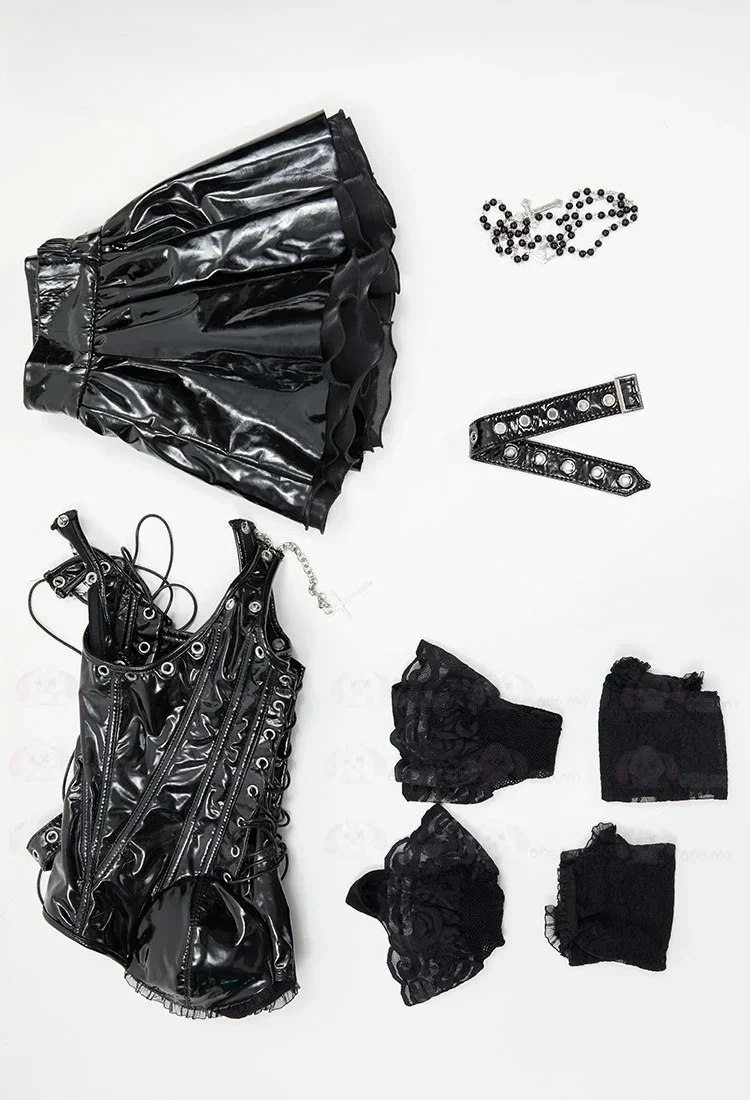 Disponibile Miss Misa Halloween Corsetto gotico nero con lacci Top e gonna con calze a rete e maniche Costume cosplay e parrucca