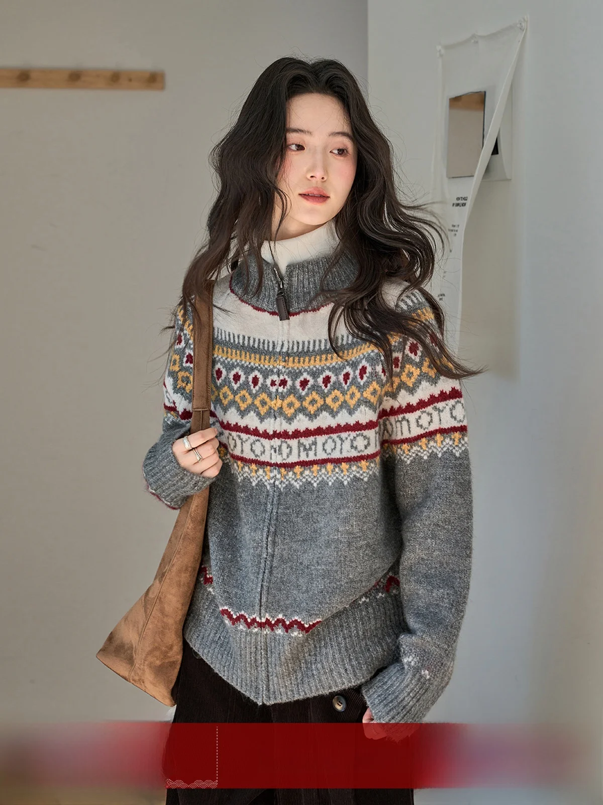 

MoZa ey Fair Isle Zipper Knitted Open Cardigan Women's Loose Slimming Casual Outerwear Winter New Sle Commute Wind