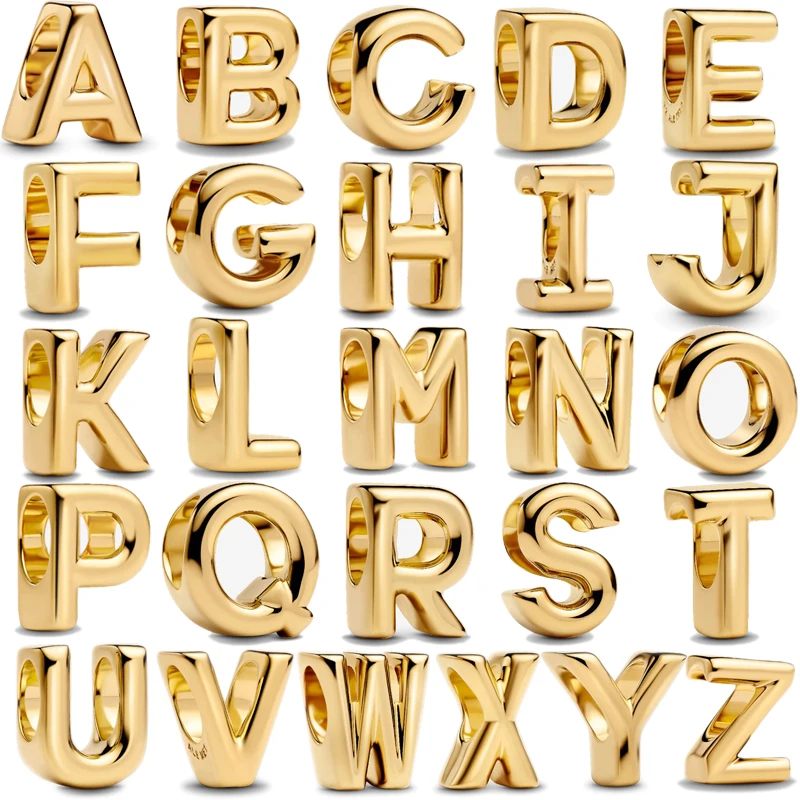 

925 Sterling Silver Gold 26 Exquisite A-Z Letters Pendant Beads Charm Original Suitable For Women DIY Bracelet Jewelry