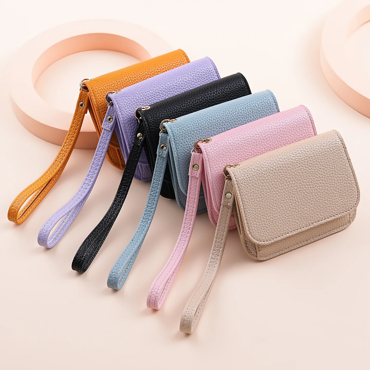 Soft Litchi Grain Mini Wallet Women Wrist Strap Small Purse Multi Card Slots Zipper Coin Pocket Snap Closure Portable Light Ladi