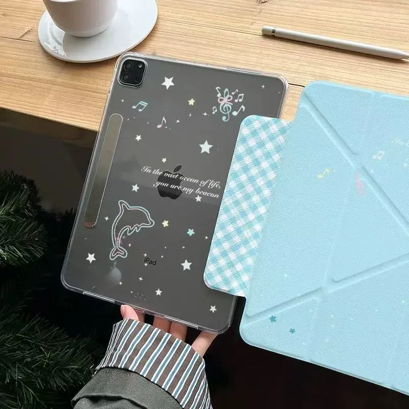 Fresh Blue Summer Cartoon Colorful Lines Notes Dolphin For iPad Case iPad 10 9 8 7 Air 5 4 3 2 Pro 11 Mini Buckle Edge cover