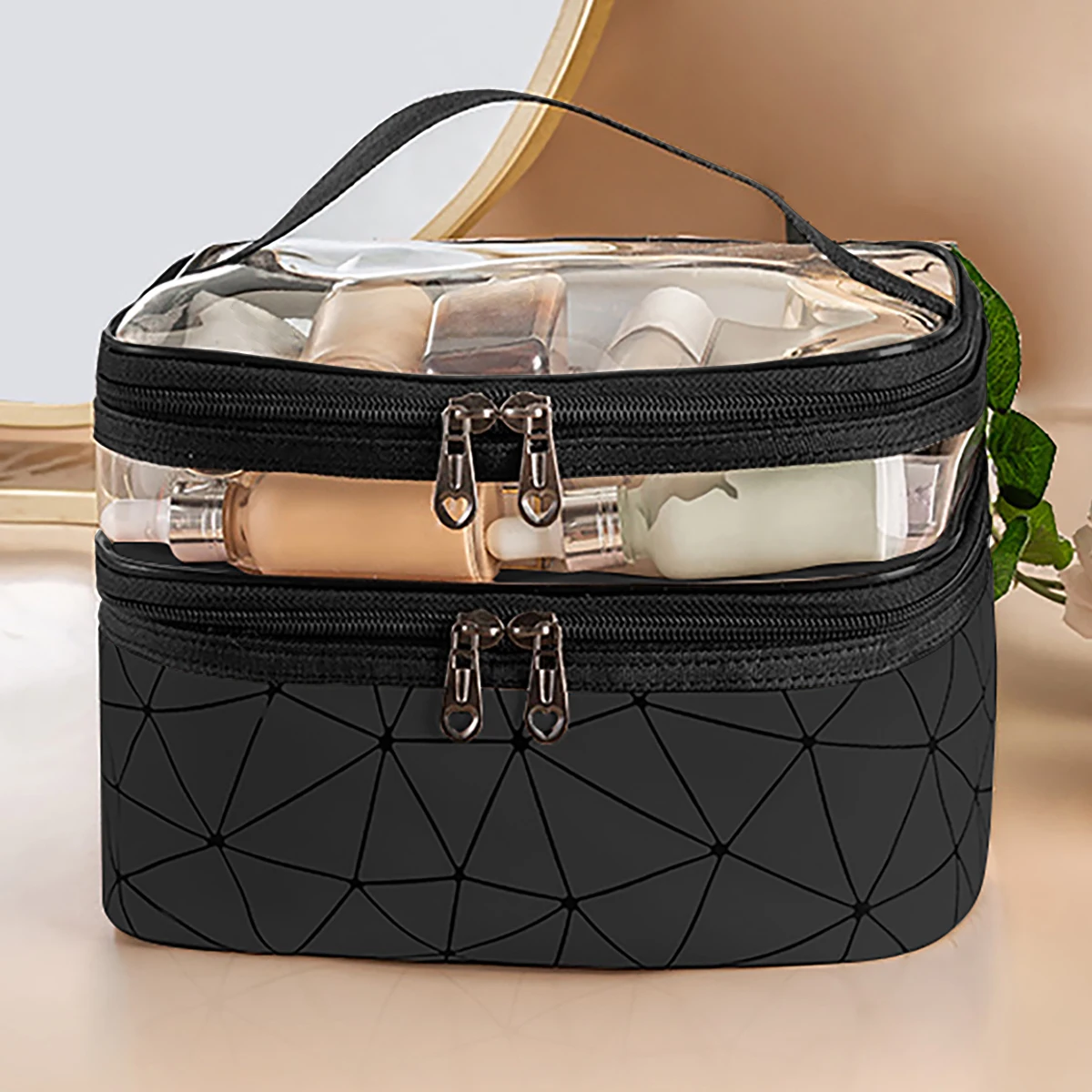 Functional Double-layer Clear Makeup Bag with Wide Opening and Sturdy Handles for Organization of Cosmetics and Toiletries