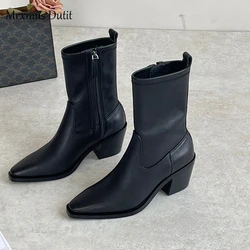 Mrxmus Dutit 2024 Women New Autumn Winter Genuine Leather Rough Heel Pointed Head Boots Shoes Simple Fashion Shoes Female Chic