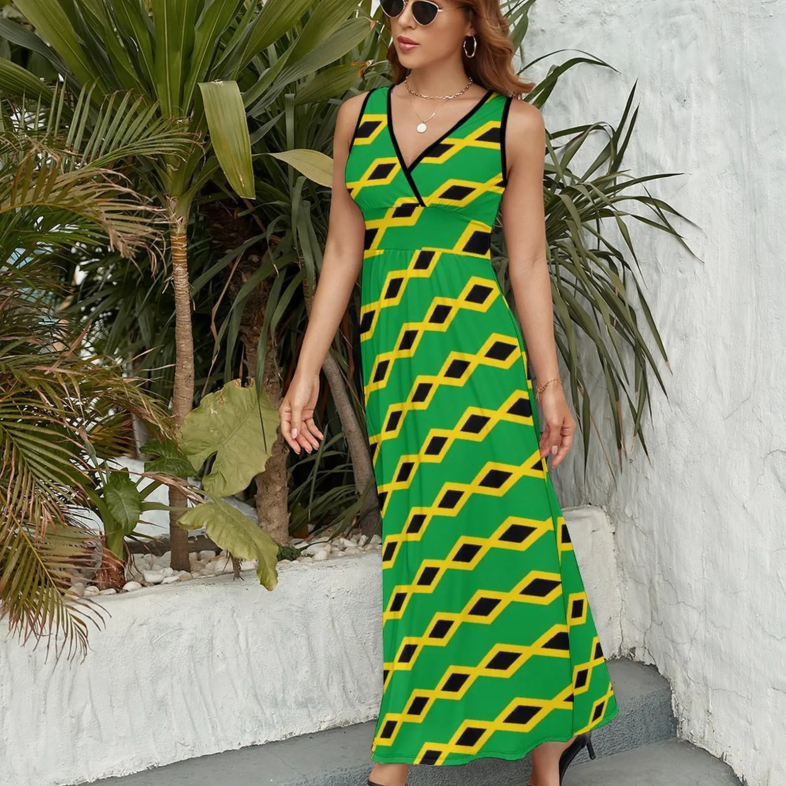 Jamaica Feel-Robe Longue de Plage Verte, Tenue Éducative, Style Boho, Col en V, Mode Coréenne, Grande Taille